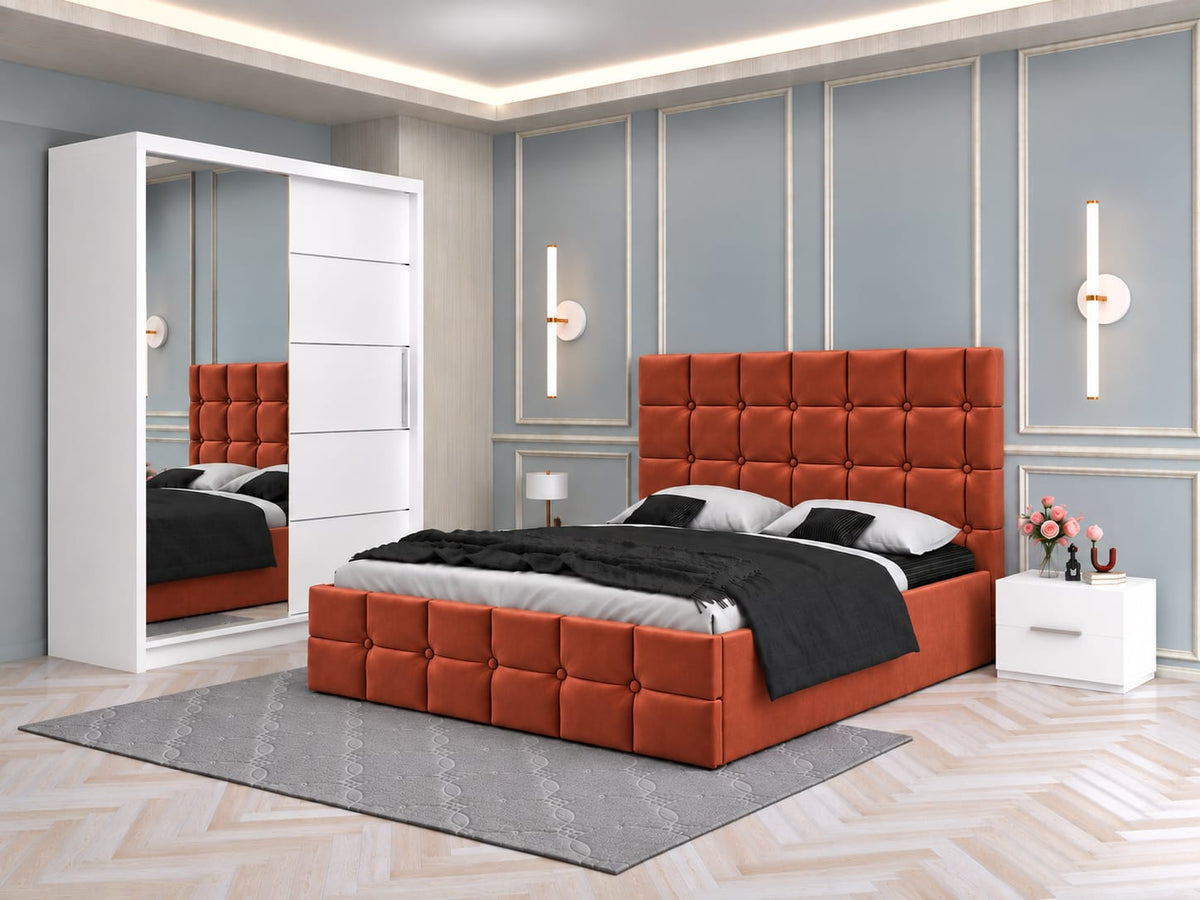 Dormitor Tapitat Roma Caramiziu Cu Pat Tapitat, Dressing Smart 150 Si 2 Noptiere