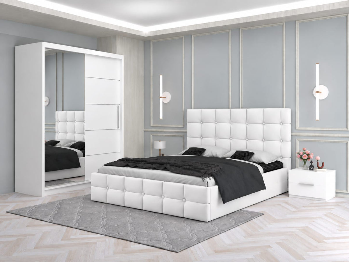 Dormitor Tapitat Roma Alb Cu Pat Tapitat, Dressing Smart 150 Si 2 Noptiere