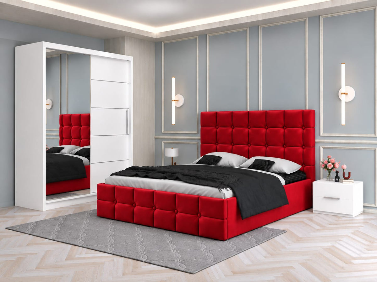 Dormitor Tapitat Roma Rosu Cu Pat Tapitat, Dressing Smart 150 Si 2 Noptiere