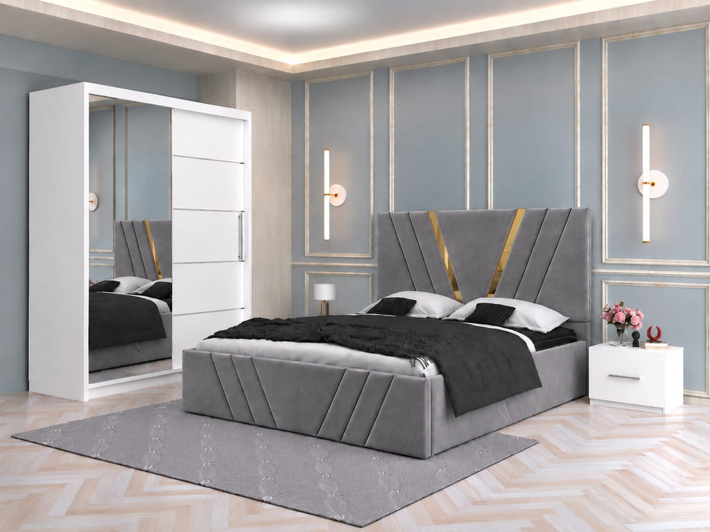 Dormitor Tapitat Monaco Gri Cu Pat Tapitat, Dressing Smart 150 Si 2 Noptiere Albe