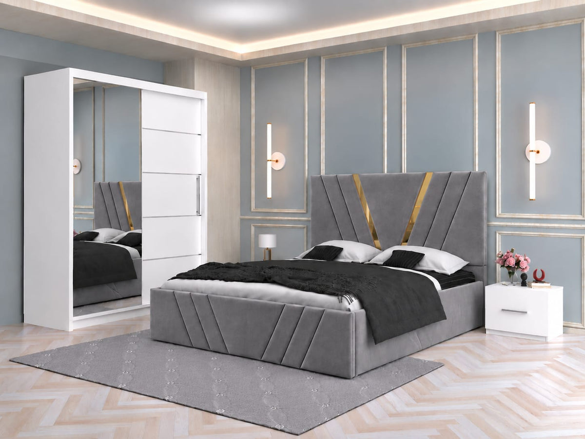 Dormitor Tapitat Monaco Gri Cu Pat Tapitat, Dressing Smart 150 Si 2 Noptiere Albe