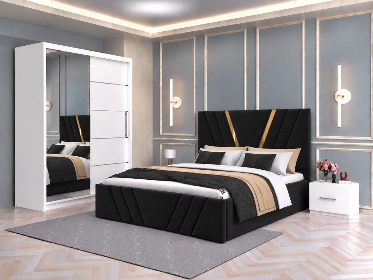 Dormitor Tapitat Monaco Negru Cu Pat Tapitat, Dressing Smart 150 Si 2 Noptiere Albe
