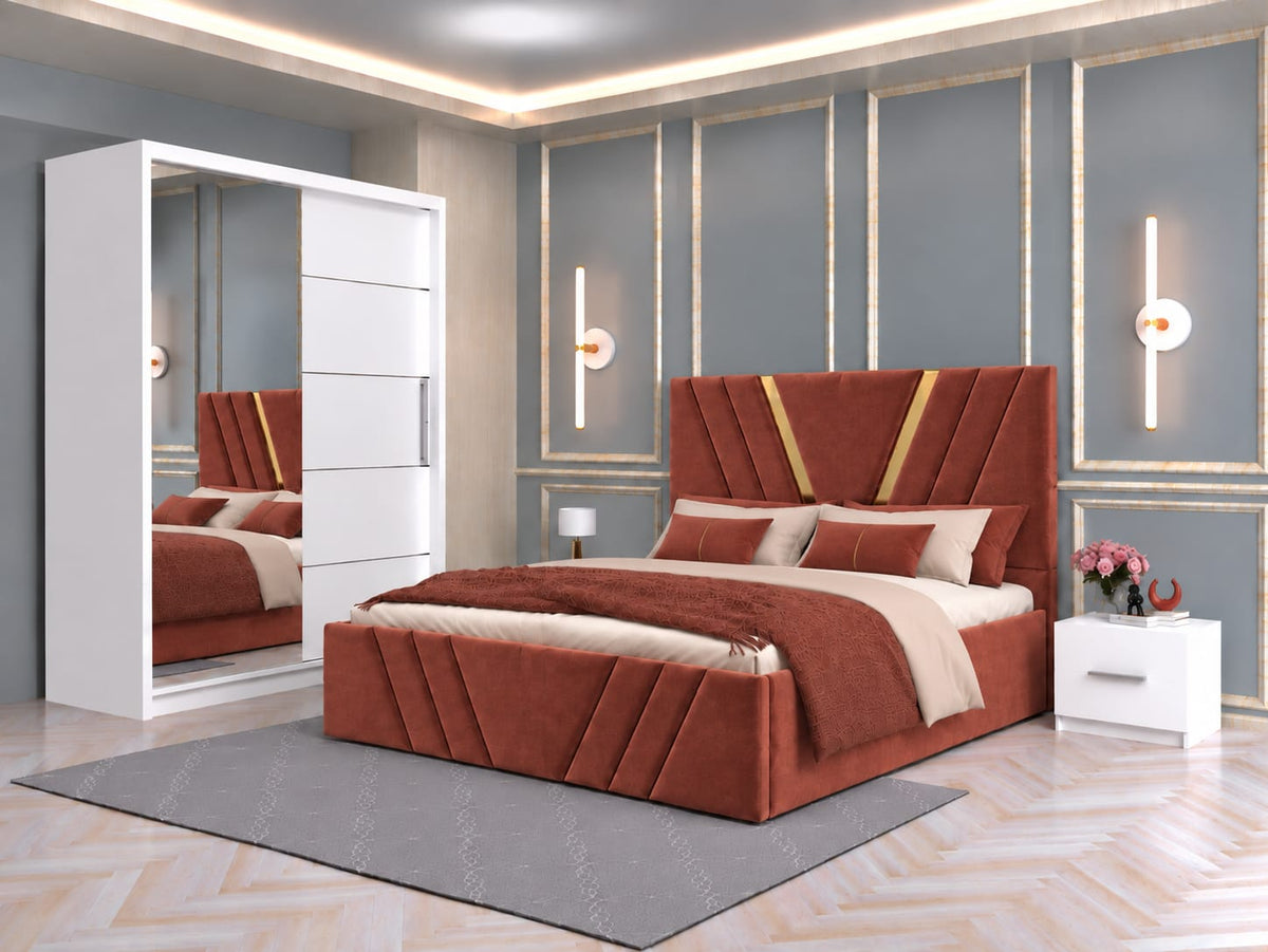 Dormitor Tapitat Monaco Caramiziu Cu Pat Tapitat, Dressing Smart 150 Si 2 Noptiere Albe