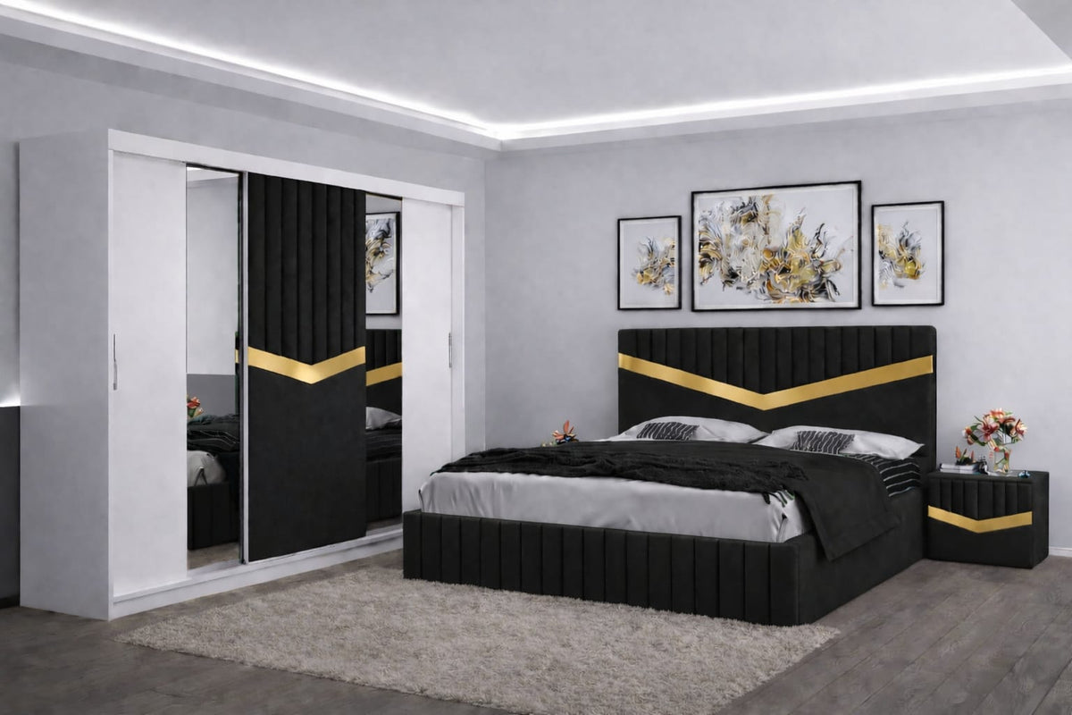 Dormitor Tapițat Valentino Negru Catifea Premium Pat Tapițat, Dressing Tapițat 250 Si 2 Noptiere Tapițate