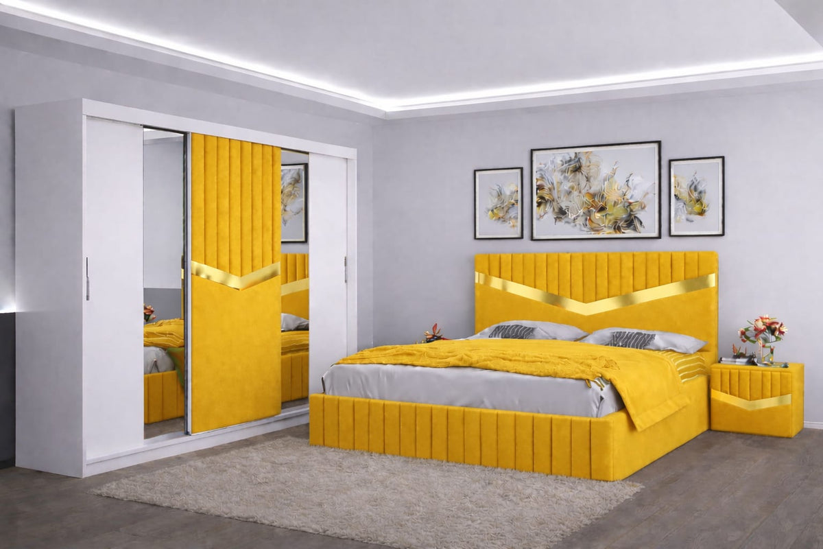 Dormitor Tapițat Valentino Galben Catifea Premium Pat Tapițat, Dressing Tapițat 250 Si 2 Noptiere Tapițate