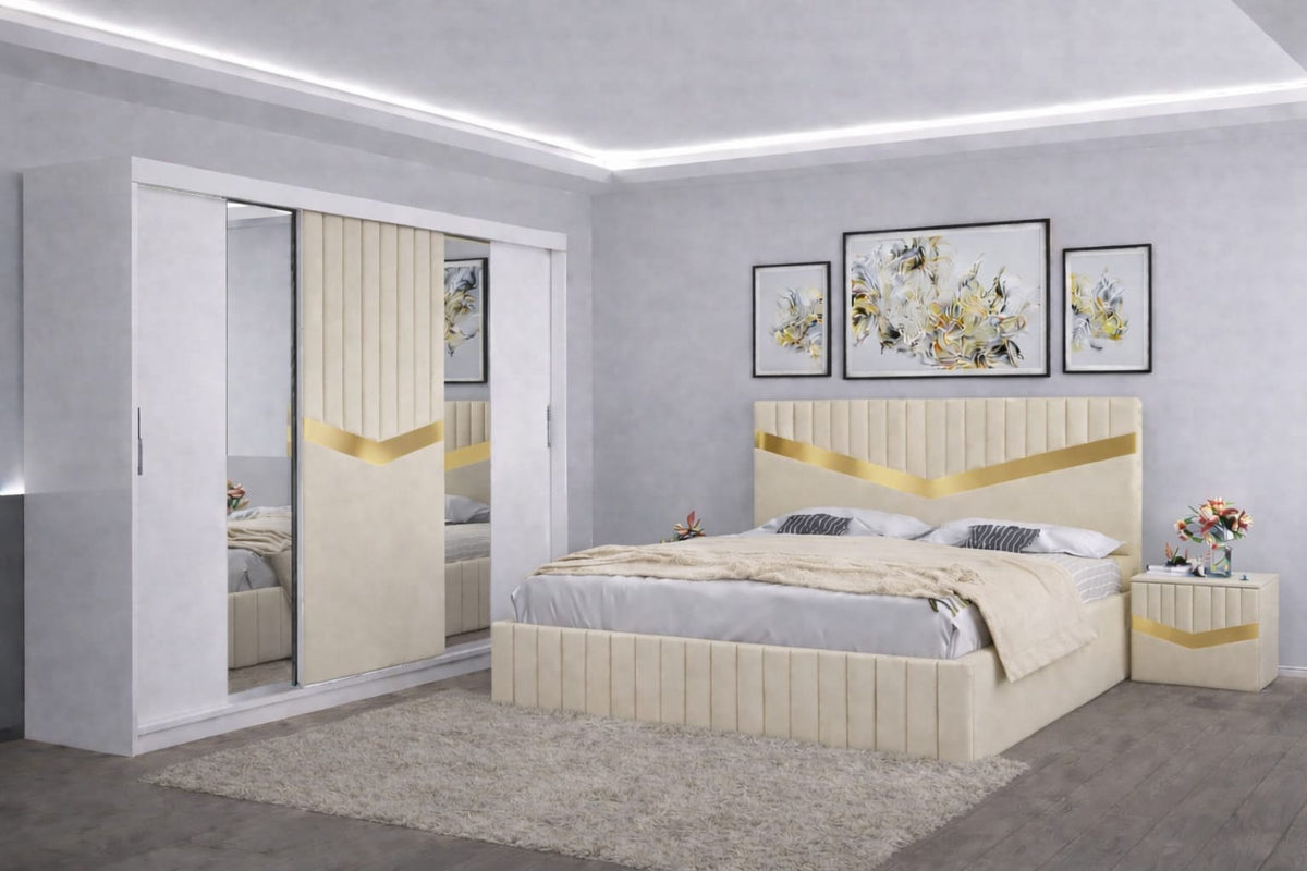 Dormitor Tapițat Valentino Bej Catifea Premium Pat Tapițat, Dressing Tapițat 250 Si 2 Noptiere Tapițate