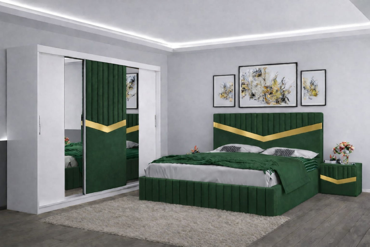 Dormitor Tapițat Valentino Verde Catifea Premium Pat Tapițat, Dressing Tapițat 250 Si 2 Noptiere Tapițate