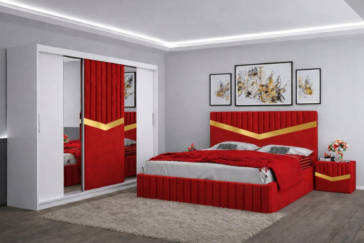 Dormitor Tapițat Valentino Rosu Catifea Premium Pat Tapițat, Dressing Tapițat 250 Si 2 Noptiere Tapițate