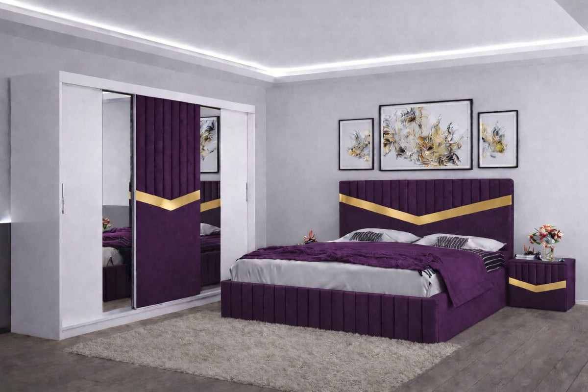 Dormitor Tapițat Valentino Mov Catifea Premium Pat Tapițat, Dressing Tapițat 250 Si 2 Noptiere Tapițate