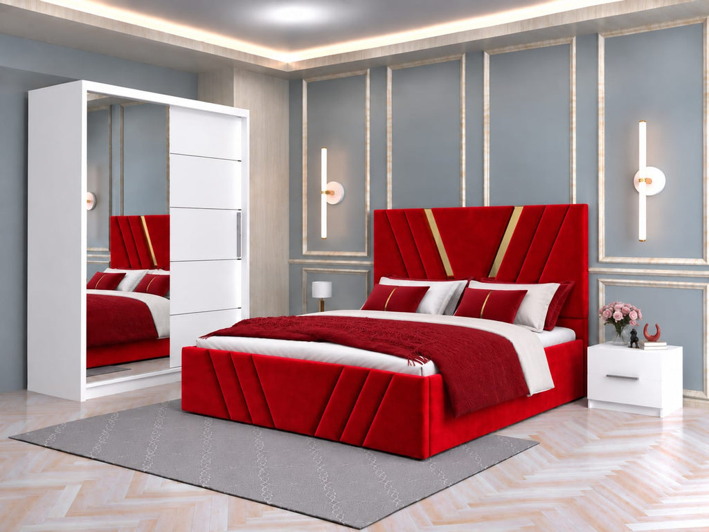Dormitor Tapitat Monaco Rosu Cu Pat Tapitat, Dressing Smart 150 Si 2 Noptiere Albe