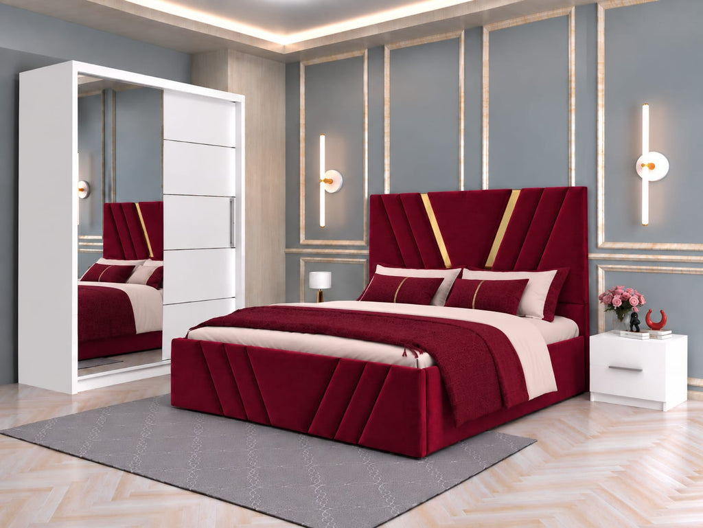 Dormitor Tapitat Monaco Visiniu Cu Pat Tapitat, Dressing Smart 150 Si 2 Noptiere Albe