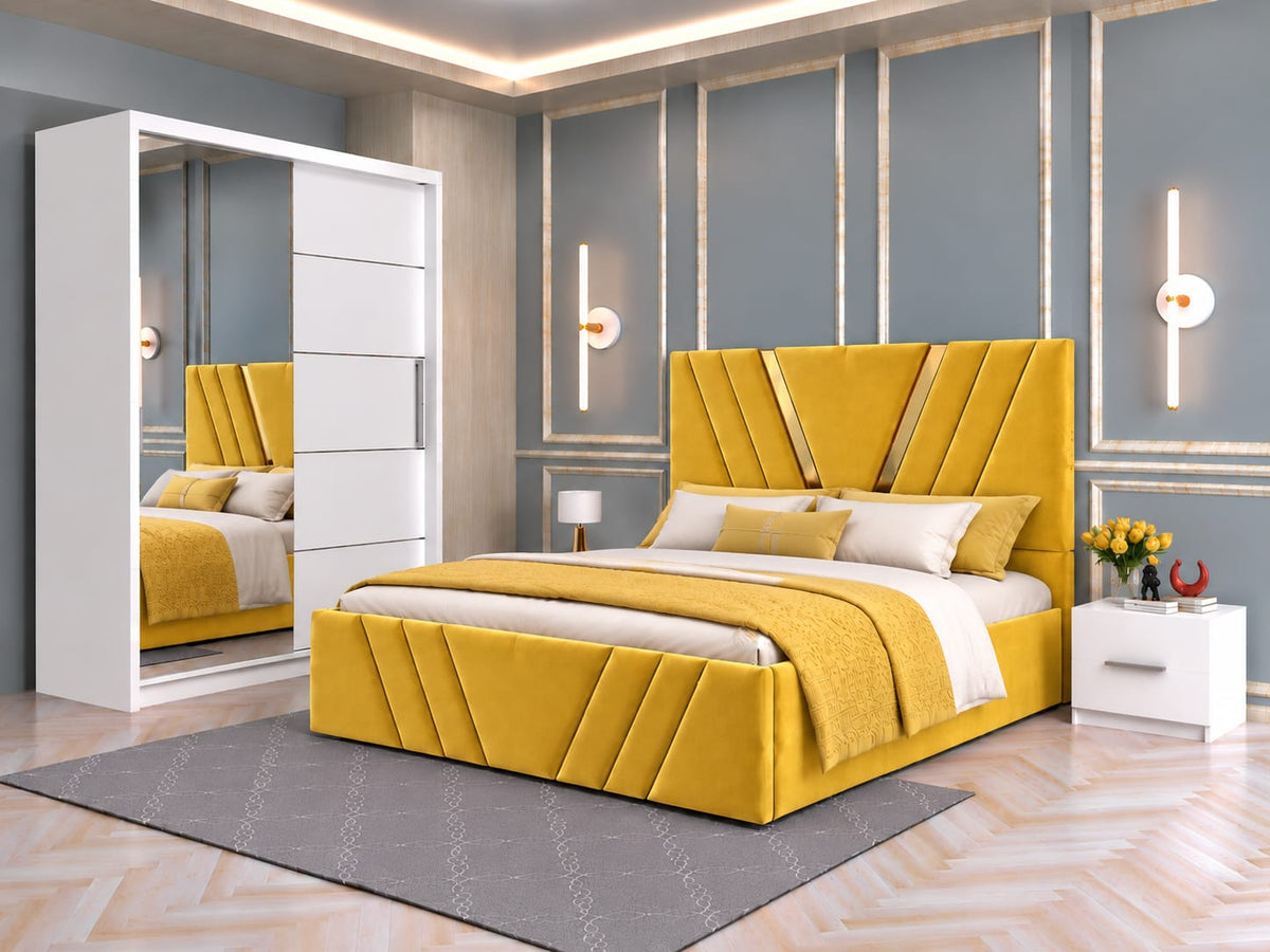 Dormitor Tapitat Monaco Galben Cu Pat Tapitat, Dressing Smart 150 Si 2 Noptiere Albe