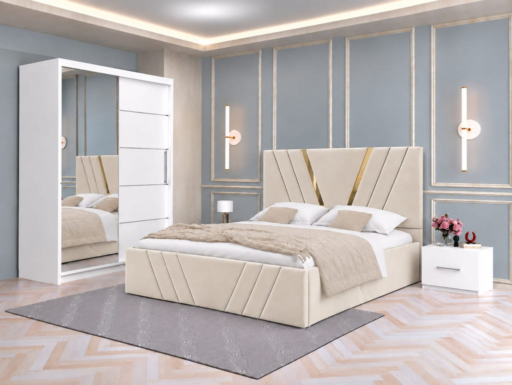 Dormitor Tapitat Monaco Crem Cu Pat Tapitat, Dressing Smart 150 Si 2 Noptiere Albe
