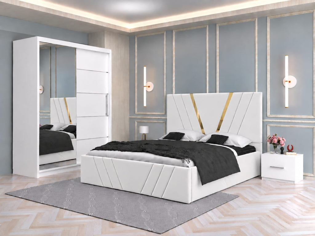 Dormitor Tapitat Monaco Alb Cu Pat Tapitat, Dressing Smart 150 Si 2 Noptiere Albe