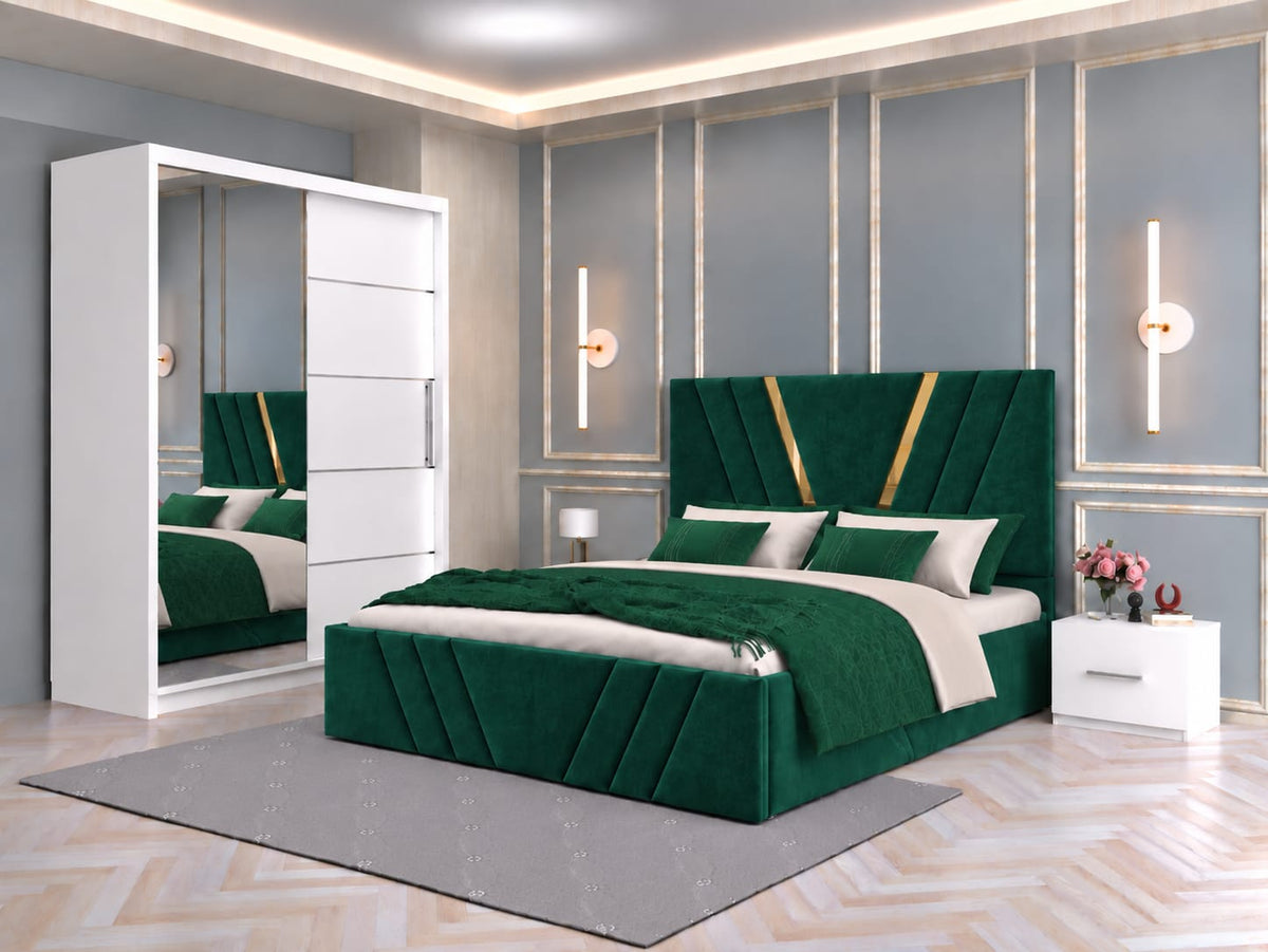 Dormitor Tapitat Monaco Verde Cu Pat Tapitat, Dressing Smart 150 Si 2 Noptiere Albe