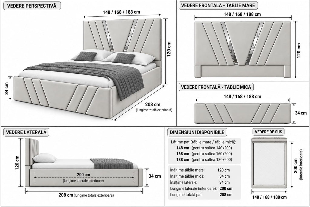 Dormitor Tapitat Monaco Alb Cu Pat Tapitat, Dressing Smart 150 Si 2 Noptiere Albe