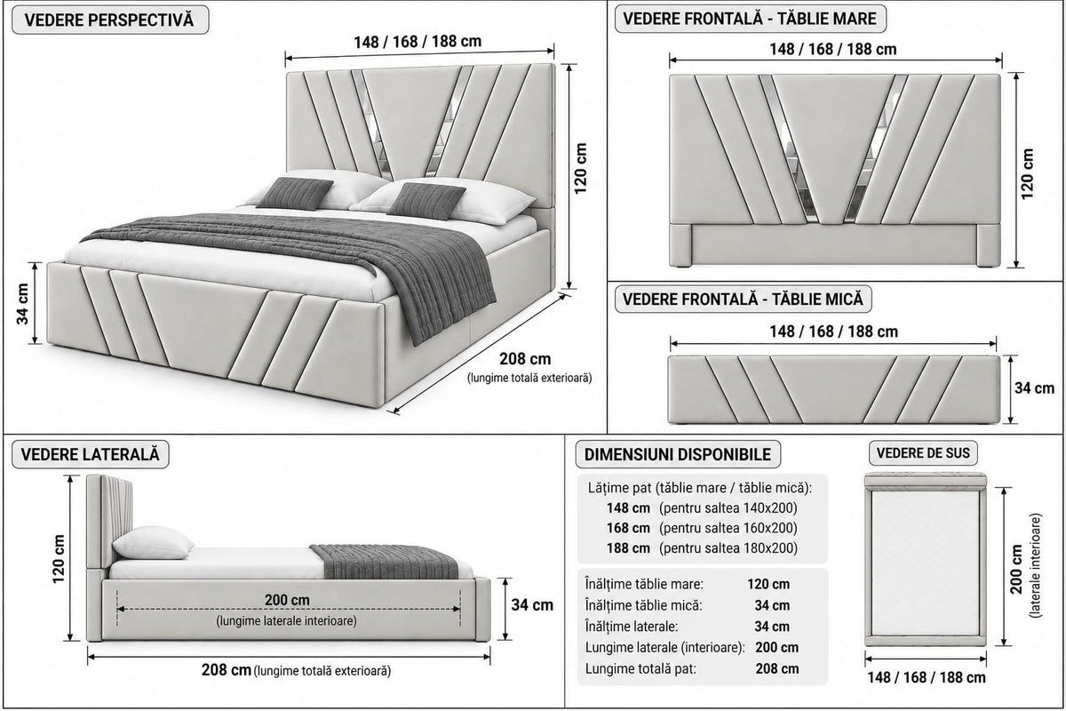 Dormitor Tapitat Monaco Gri Cu Pat Tapitat, Dressing Smart 150 Si 2 Noptiere Albe