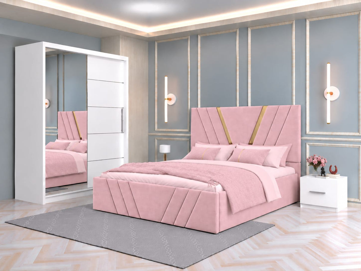 Dormitor Tapitat Monaco Roz Cu Pat Tapitat, Dressing Smart 150 Si 2 Noptiere Albe