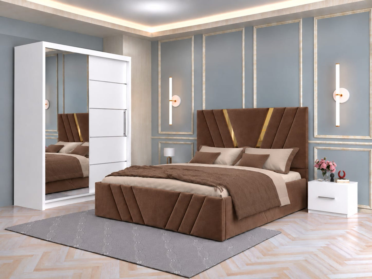 Dormitor Tapitat Monaco Maro Cu Pat Tapitat, Dressing Smart 150 Si 2 Noptiere Albe