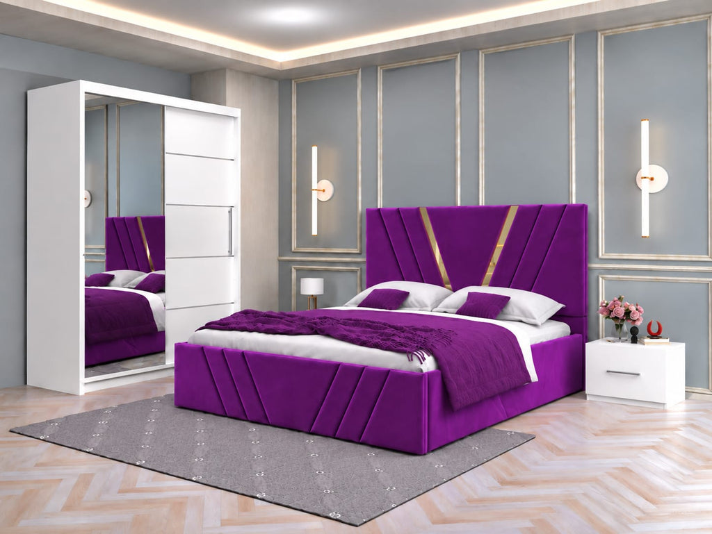 Dormitor Tapitat Monaco Mov Cu Pat Tapitat, Dressing Smart 150 Si 2 Noptiere Albe