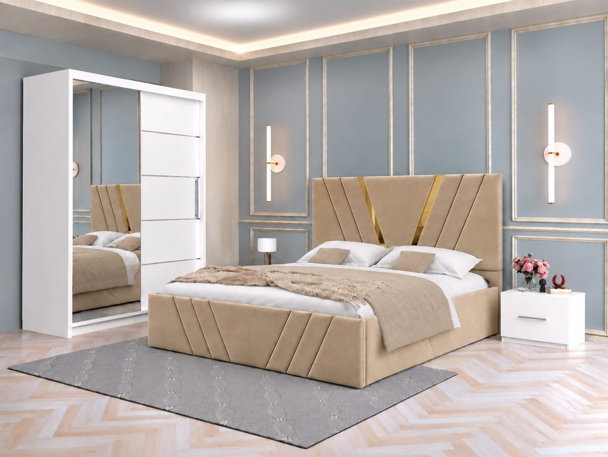 Dormitor Tapitat Monaco Bej Cu Pat Tapitat, Dressing Smart 150 Si 2 Noptiere Albe