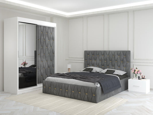Dormitor Ana Gri cu Dressing Tapitat si 2 Noptiere