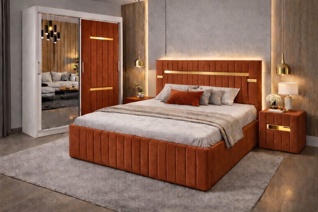 Dormitor Velvet Cărămiziu cu Dressing Tapițat Şi Noptiere Tapițate