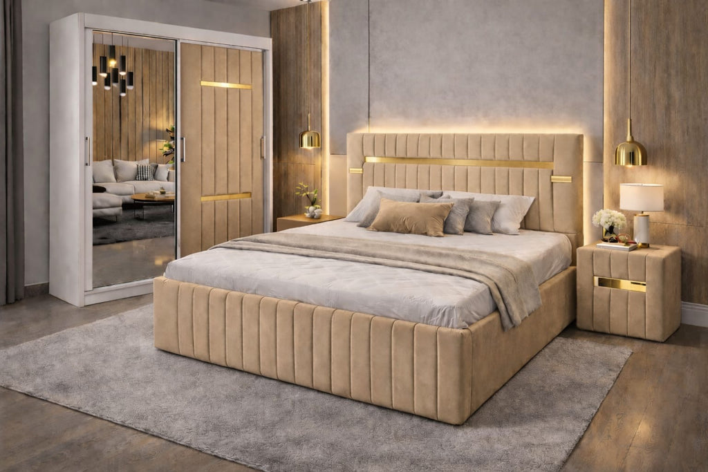 Dormitor Velvet Bej cu Dressing Tapițat Şi Noptiere Tapițate