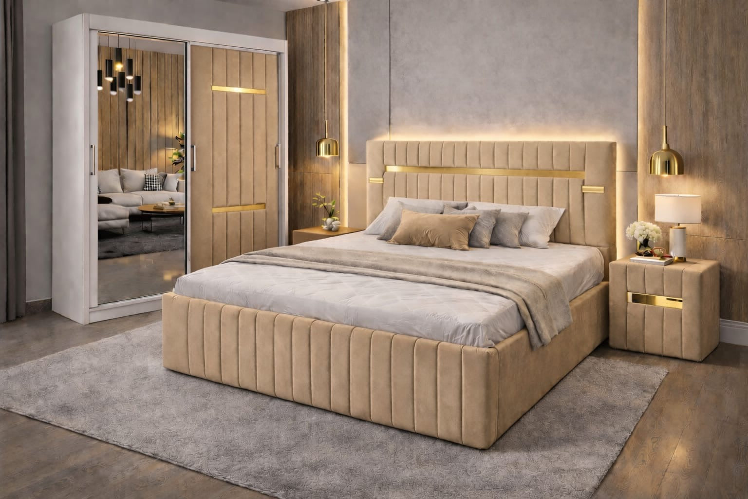 Dormitor Velvet Bej cu Dressing Tapițat Şi Noptiere Tapițate