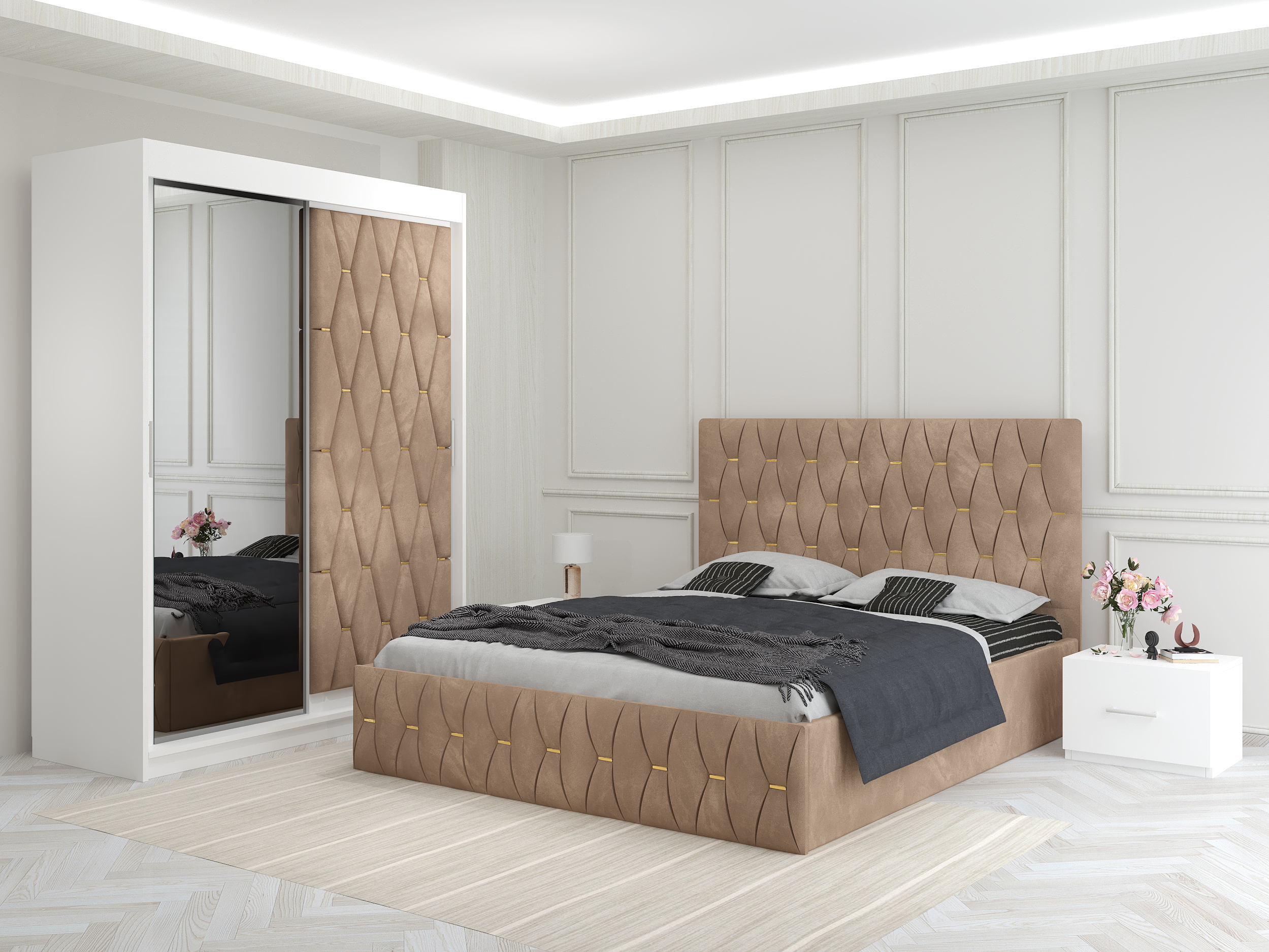 Dormitor Ana Bej cu Dressing Tapitat si 2 Noptiere