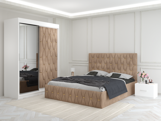 Dormitor Ana Crem cu Dressing Tapitat si 2 Noptiere