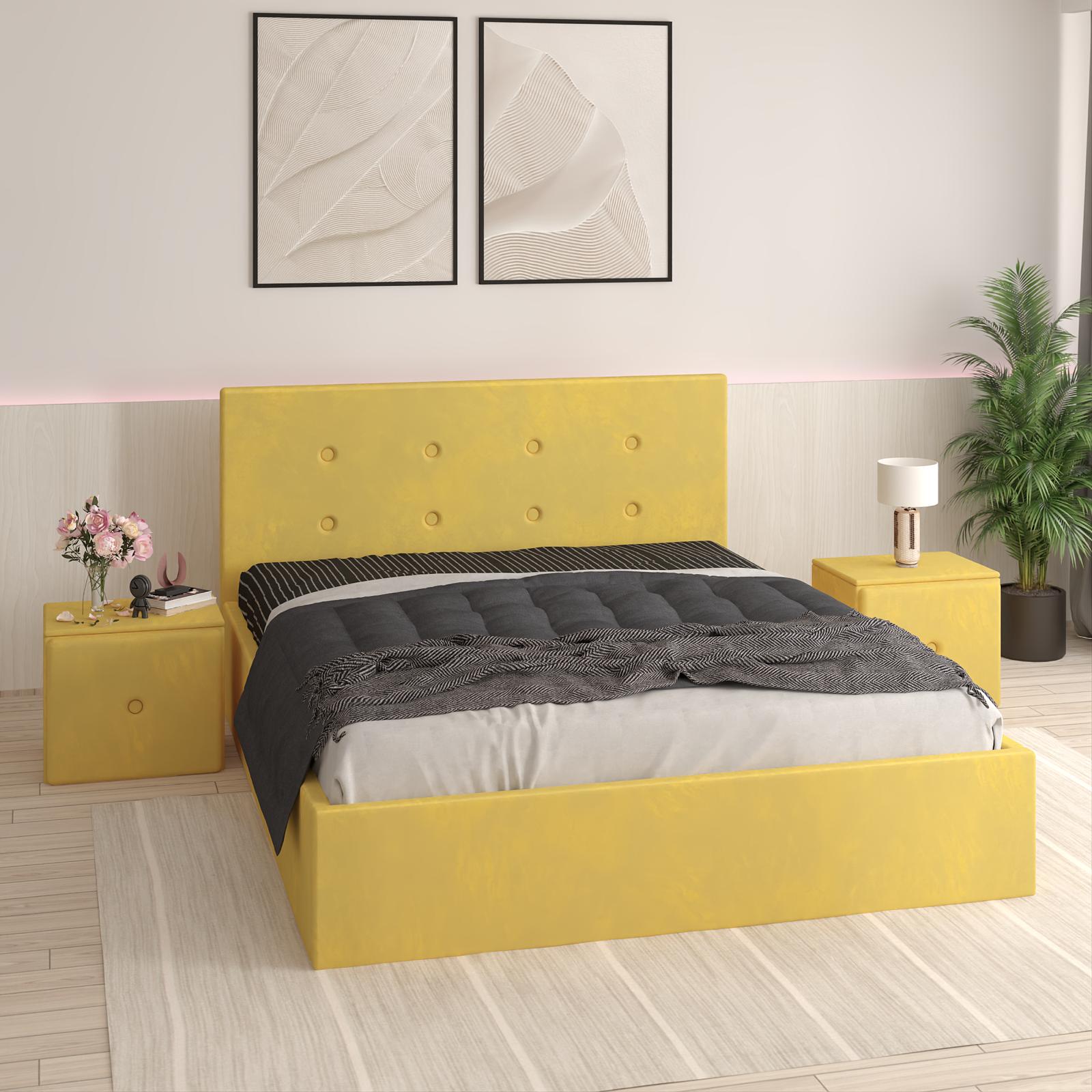 Pat Tapitat Aris Galben Catifea Premium Cu Noptiere Tapitate
