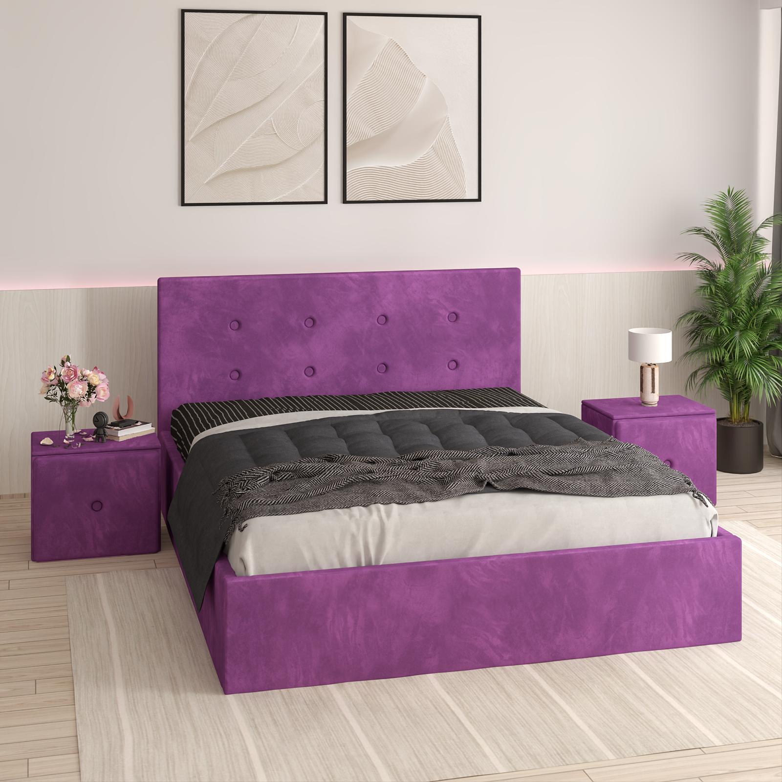 Pat Tapitat Aris Mov Catifea Premium cu Noptiere Tapitate