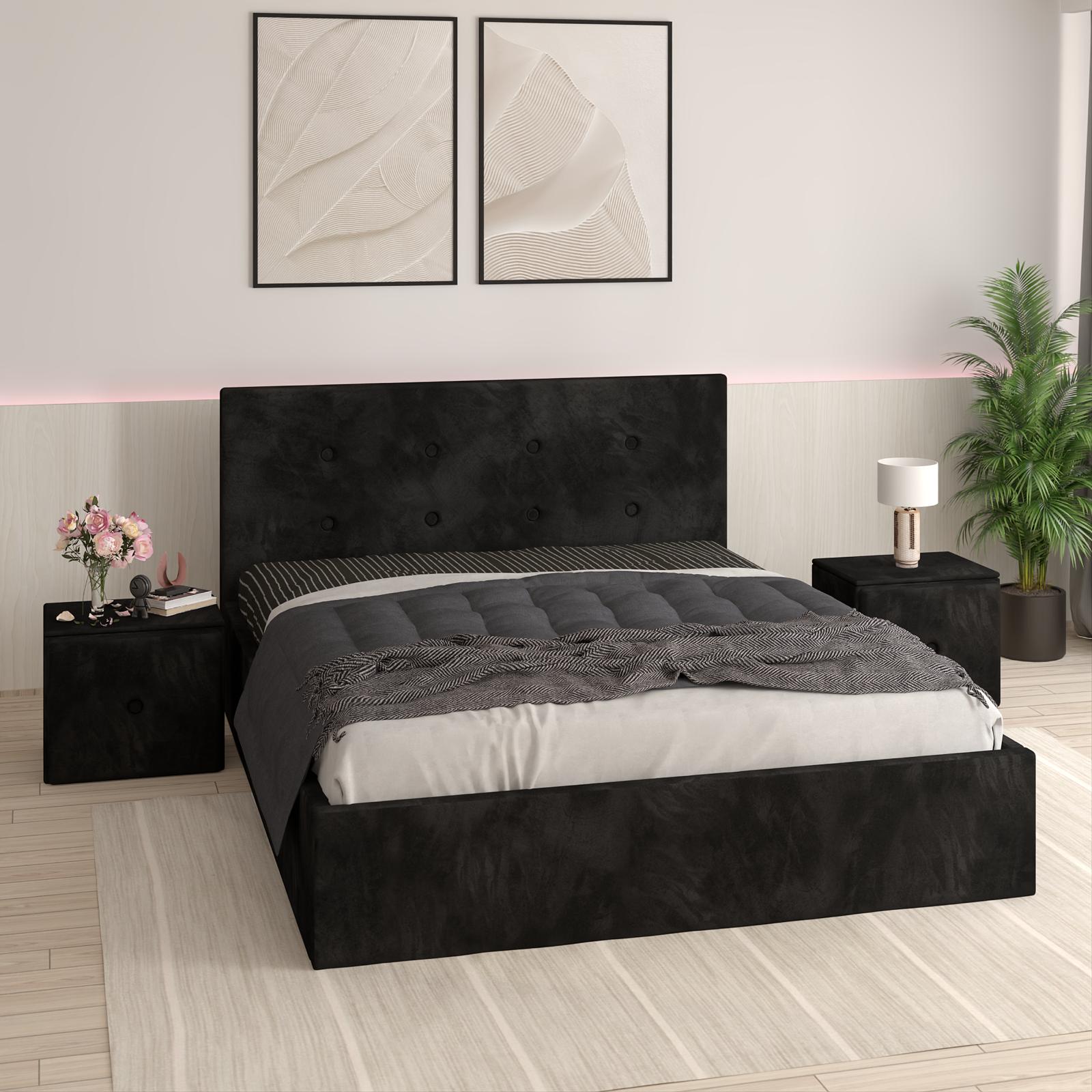 Pat Tapitat Aris Negru Catifea Premium cu Noptiere Tapitate
