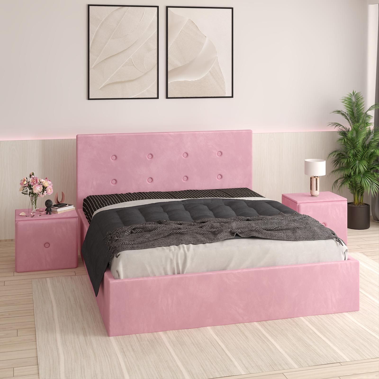 Pat Tapitat Aris Roz Catifea Premium cu Noptiere Tapitate