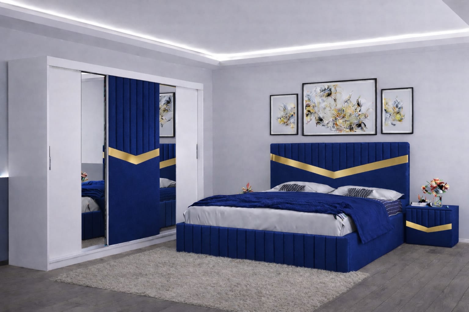 Dormitor Tapițat Valentino Albastru Catifea Premium Pat Tapițat, Dressing Tapițat 250 Si 2 Noptiere Tapițate